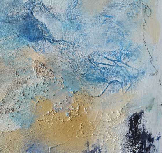 Interlunar Rendevous - abstract mixed media painting in gold, white, cream.