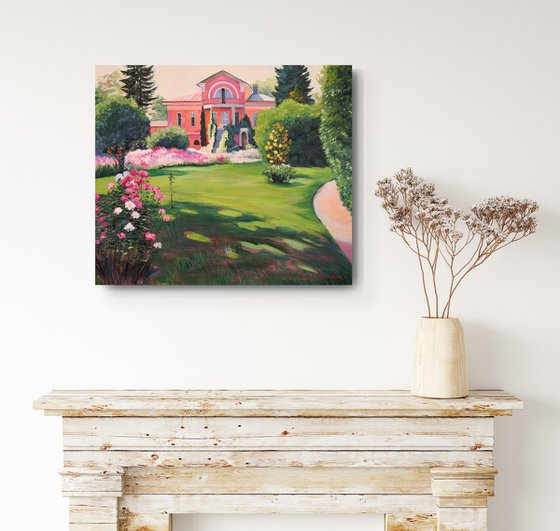 Impressionist landscape with a Manor and a Garden full of roses