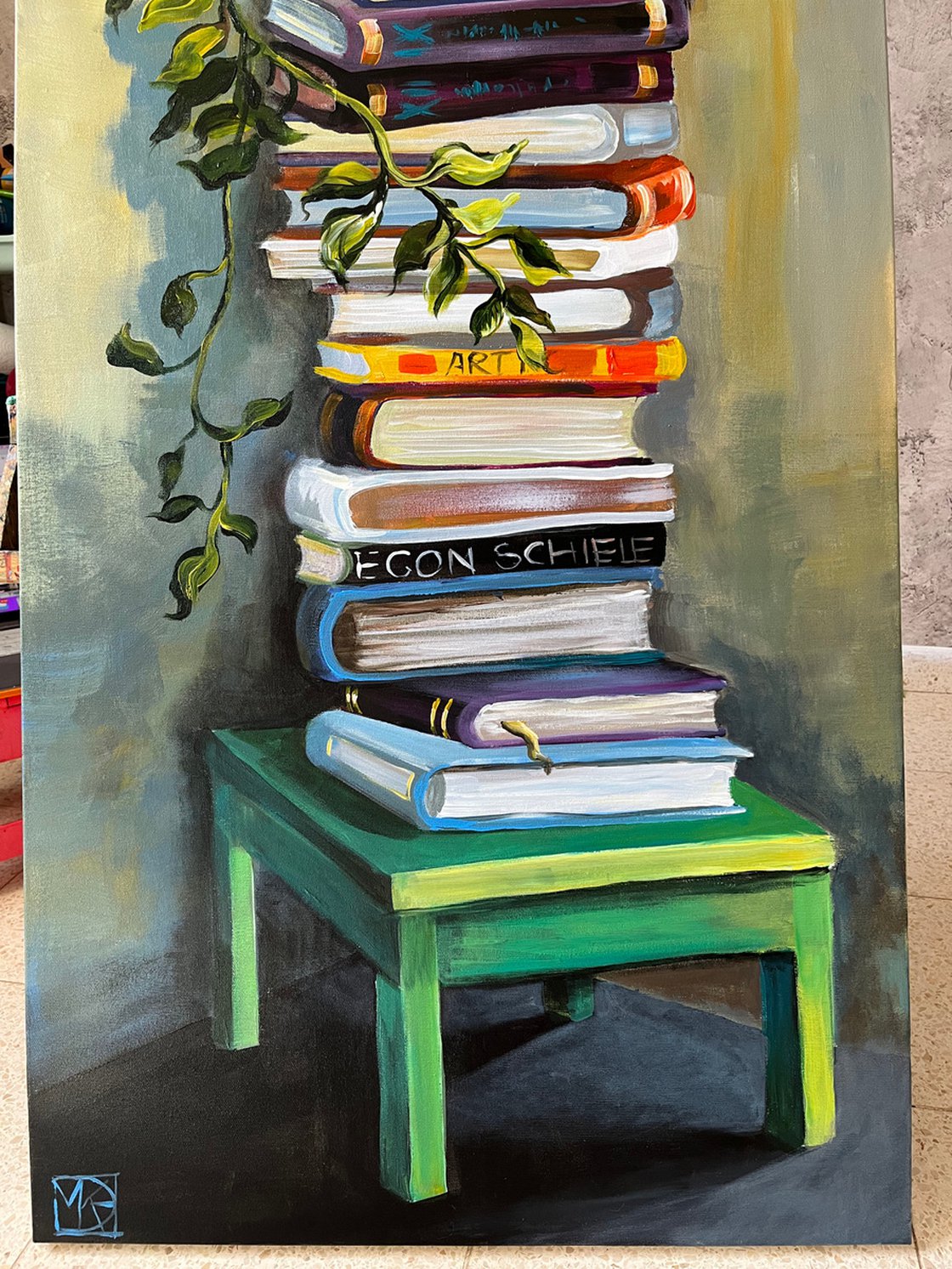 Still life with books and plants Acrylic painting by Maria Kireev