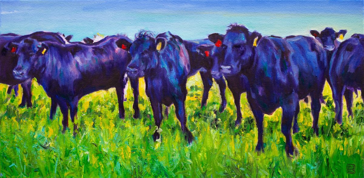 Expressive Animal Oil Painting By Liudmila Pisliakova, 24 X 12", Angus Beauty, Original Artwork