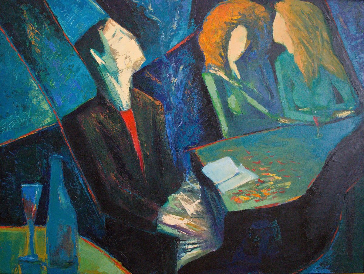 Expressive Oil Painting , Blue Note Bar By Rumen Sazdov, 31 X 24, Artwork For Sale On Artfinder
