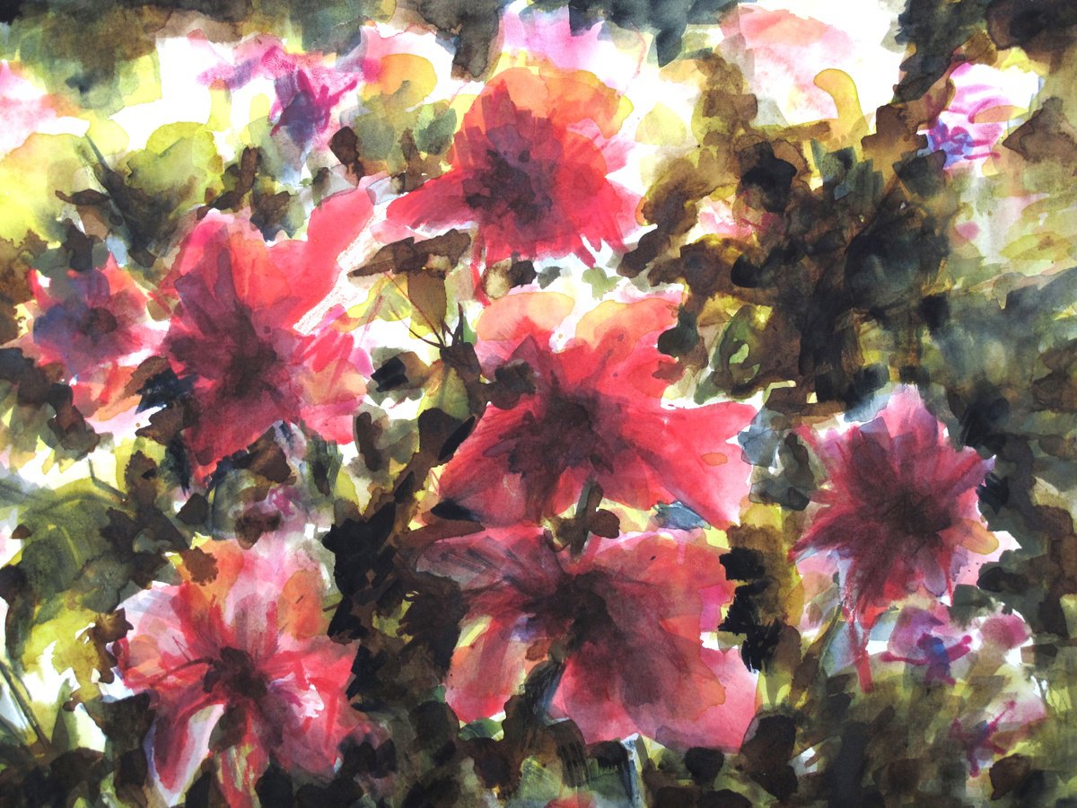 Impressionistic Botanical Watercolour By Fabienne Monestier, 16 X 12, Red Flowers, Original Artwork