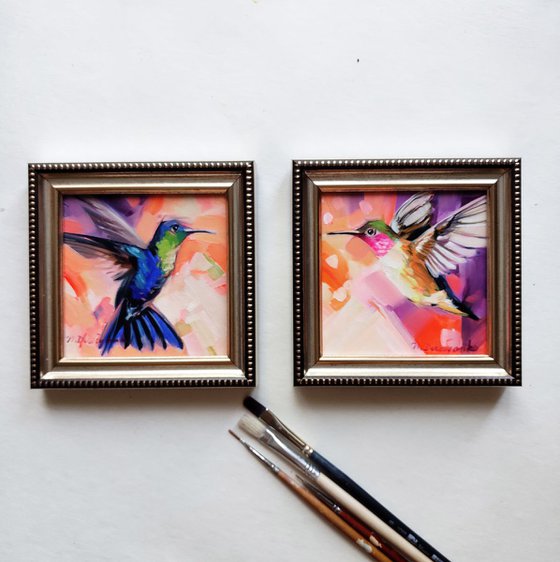 Hummingbirds art painting original, Set of 2 love birds art, Colibri art Bird on wings, Bird in flight art, Humming bird artwork frame