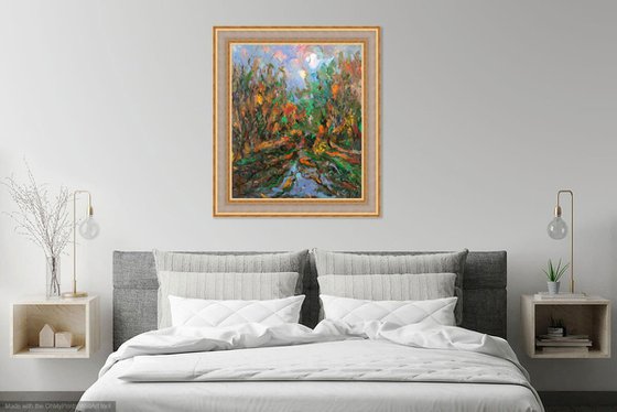 AUTUMN IN MOSCOW - landscape art, original painting oil on canvas, waterscape, pond fall, home decor