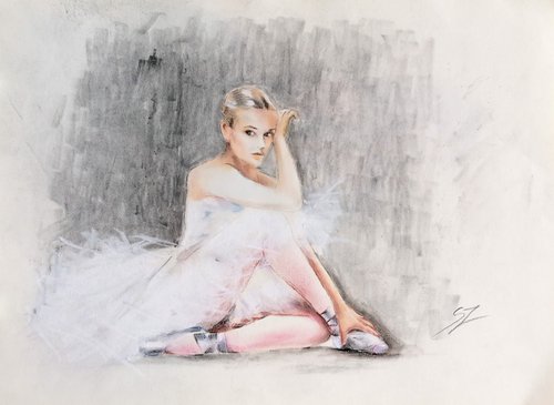 Seated ballerina with a white dress by Susana Zarate