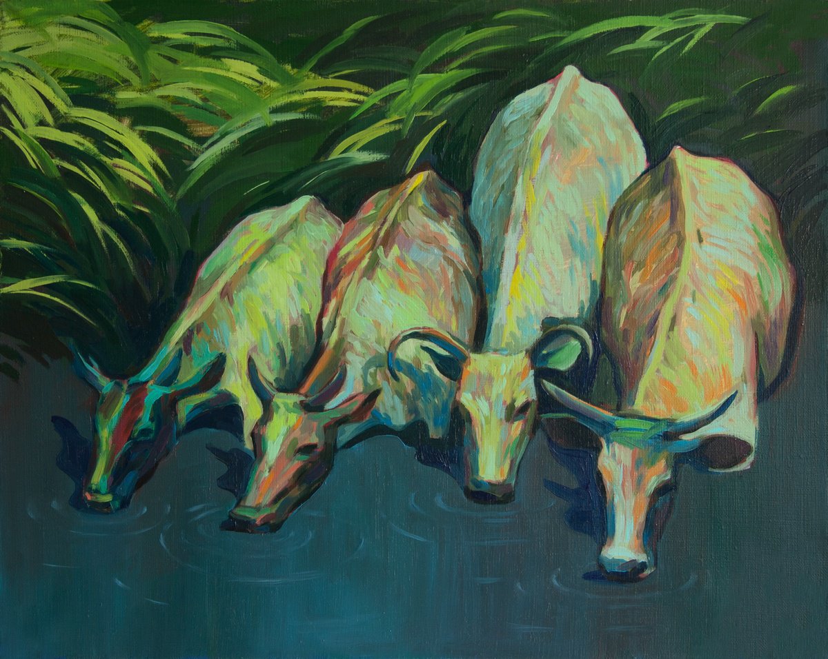 Animal Oil Painting By Anna Khaninyan, 20 X 16, African Cows. Zebu, Original Artwork