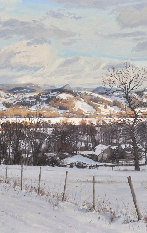 Snow on the Velay mountains, evening light by ANNE BAUDEQUIN