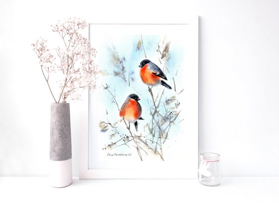 Bullfinches on branch original watercolour painting with two bright winter birds gift idea