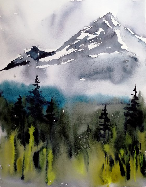 Foggy mountain painting