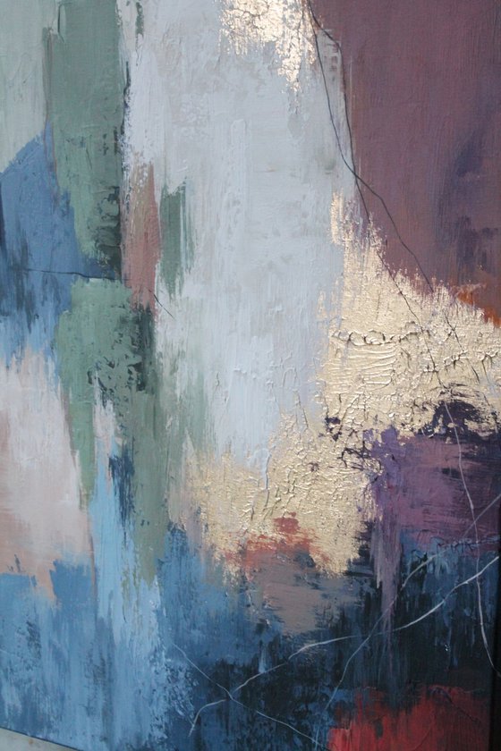 "Pink Brume" Pink blue gold abstract art