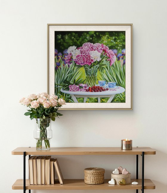 Peonies and Cherries in the Garden