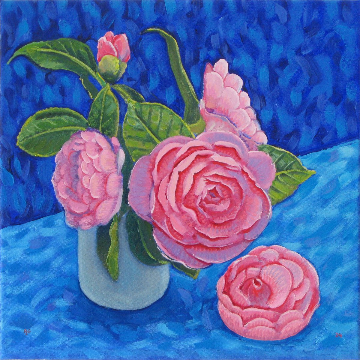 Botanical Oil Painting By Richard Gibson, 14 X 14", Roses Against Blue, Original Artwork