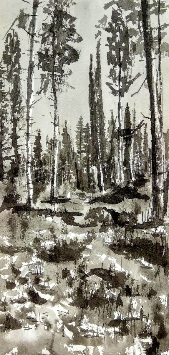 Impressionistic Landscape Ink Drawing By Leonid Kirnus, 7 X 15", At The Edge Of The Forest, Original Artwork