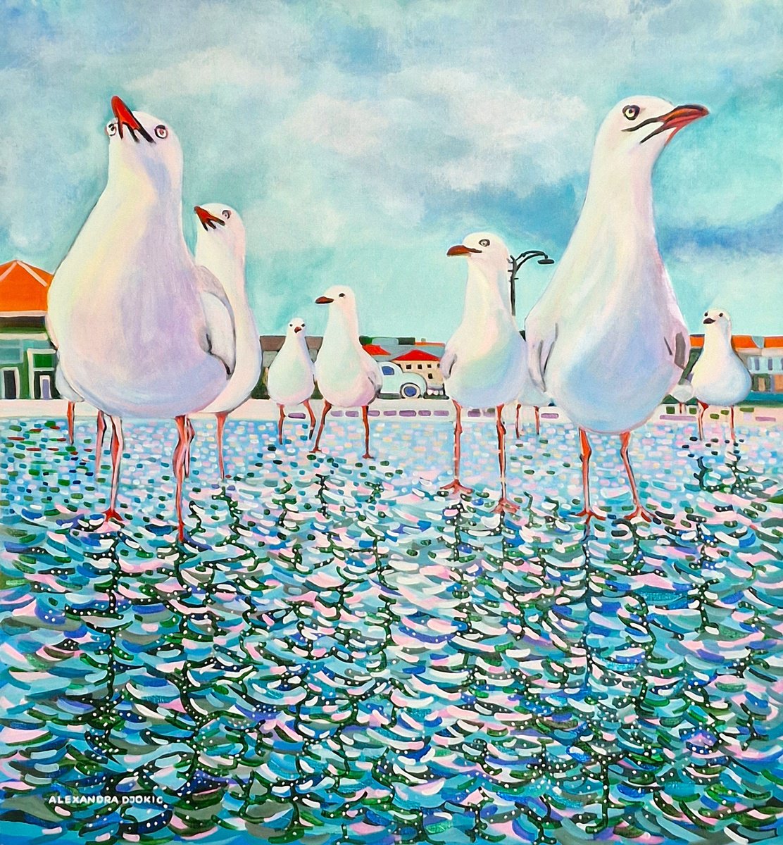 Expressive Animal Acrylic Painting By Alexandra Djokic, 37 X 39, Birds And Beach, Original Artwork