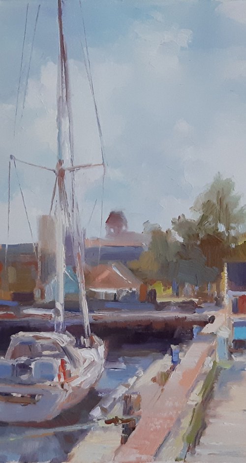 Halifax harbor, original one of a kind oil on canvas impressionistic style painting by Alexander Koltakov