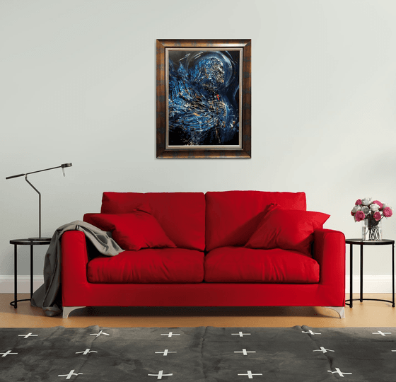 Framed Enigmatic Abstract Dark Blue Angel Series Painting By KLOSKA