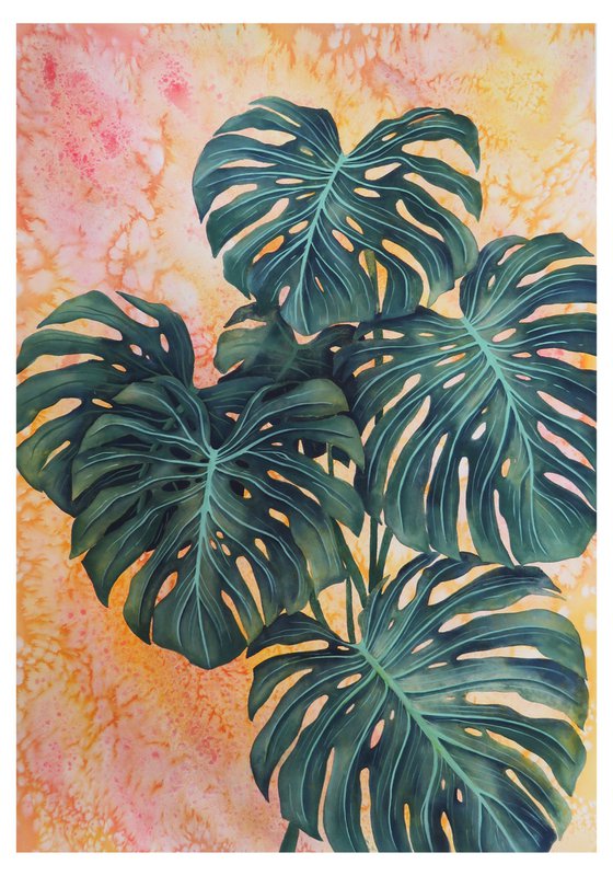Monstera Deliciosa Leaves on yellow and orange