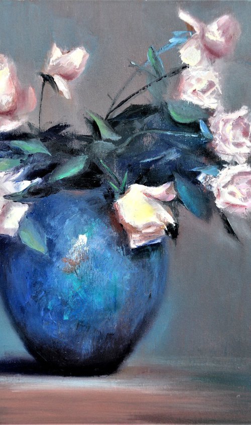 Roses in a blue vase by Elena Lukina