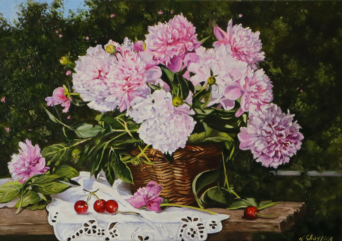 Photorealistic Oil Painting , Pink Peonies And Cherries By Natalia Shaykina, 20 X 14, Artwork For Sale On Artfinder