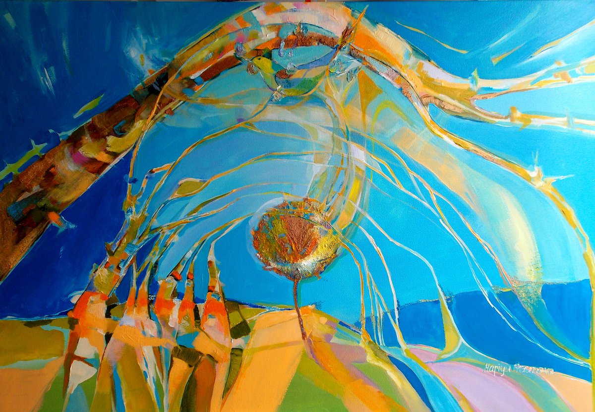 Impressionistic Landscape Acrylic Painting By Maria Paunova, 39 X 28", Let Me Tell You A Story, Original Artwork