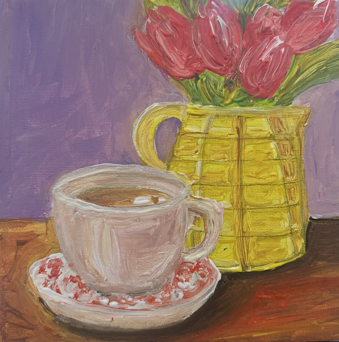 Acrylic Painting , Tulips And Tea By Barbara Friehs, 8 X 8, Artwork For Sale On Artfinder
