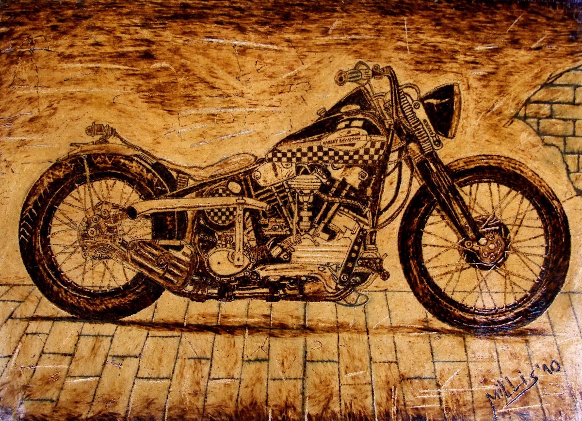 Urban And Pop Still Life Painting By Milis Pyrography, 12 X 9", Harley, Original Artwork