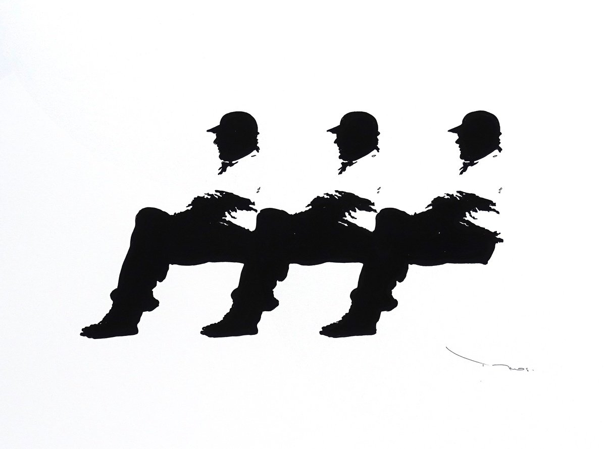 Urban And Pop Abstract Ink Drawing By Tehos, 26 X 20", Three Men On A Bench 2024/01 - Tehos, Original Artwork