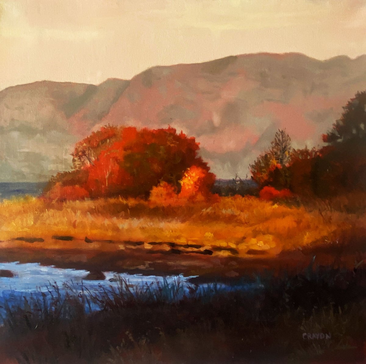Photorealistic Landscape Oil Painting By Dennis Crayon, 20 X 20, Warm Evening, Original Artwork