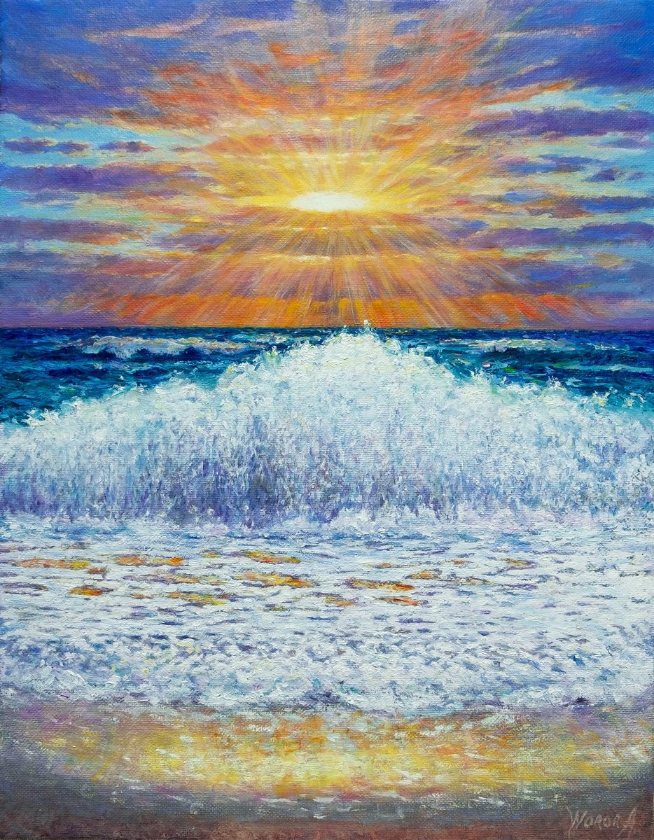 Impressionistic Landscape Oil Painting By Anastasia Woron, 11 X 14, Sunset At Sea - Sun And Waves, Original Artwork
