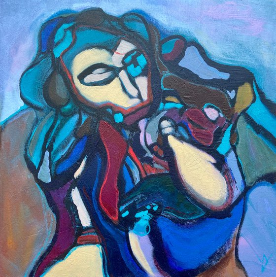 MOTHER WITH CHILD- square abstract figurative painting, mother child, woman portrait