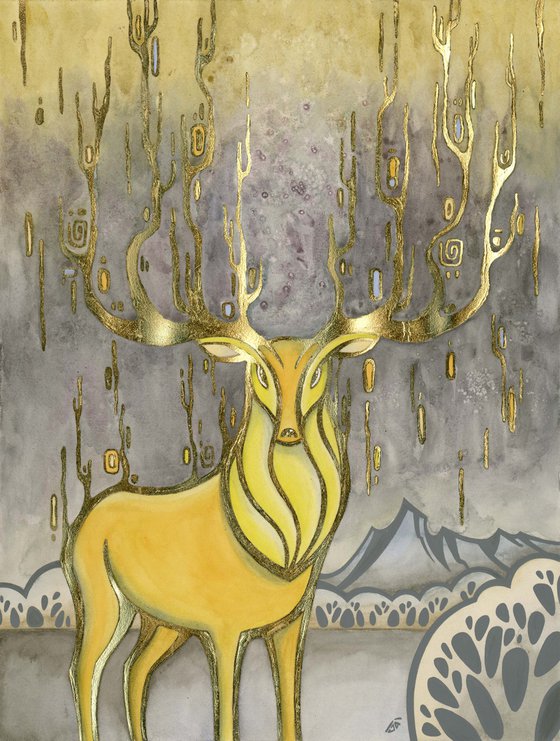 Golden deer, yellow deer on gray backgraund, gold leaf