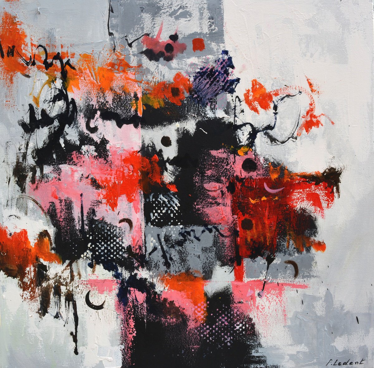 Abstract Oil Painting By Pol Henry Ledent, 24 X 24", Black And Red, Original Artwork