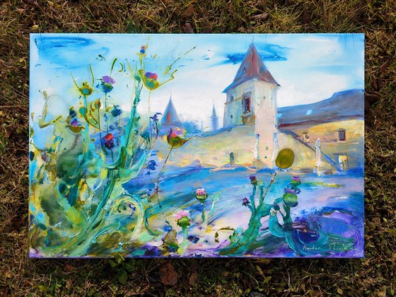 Ancient castle . 90x 60 cm. Bardejov . Old architecture in the wild .Original oil painting