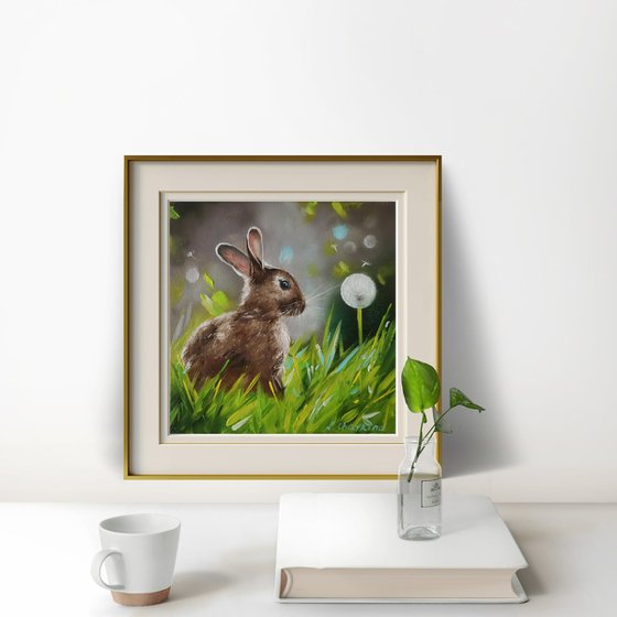 Rabbit with Dandelion in Spring Grass