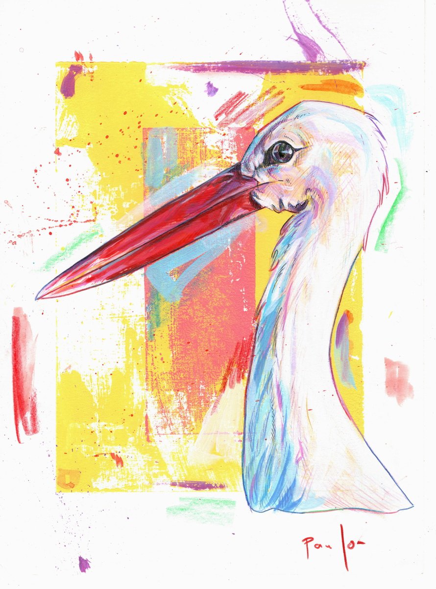 Expressive Animal Acrylic Painting By Paul Ward, 8 X 11", White Stork, Original Artwork