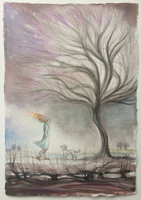 Winter Walkies ~ Woman, Dog and Tree