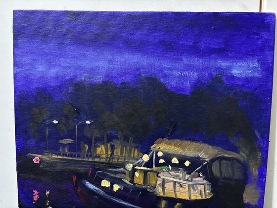 Nighttime Dutch canal boat