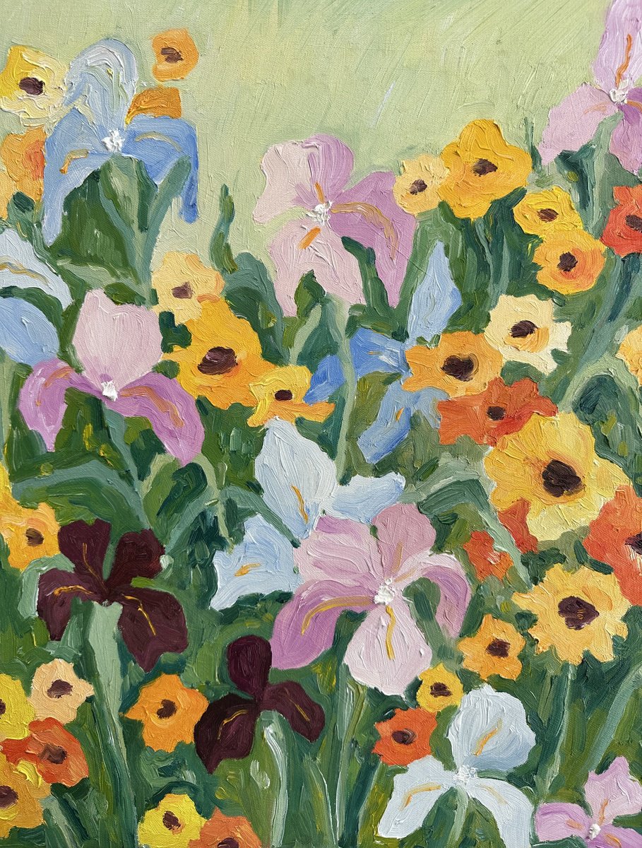 Impressionistic Botanical Oil Painting By Irina Anis, 18 X 22, Field Of Summer Flowers, Original Artwork