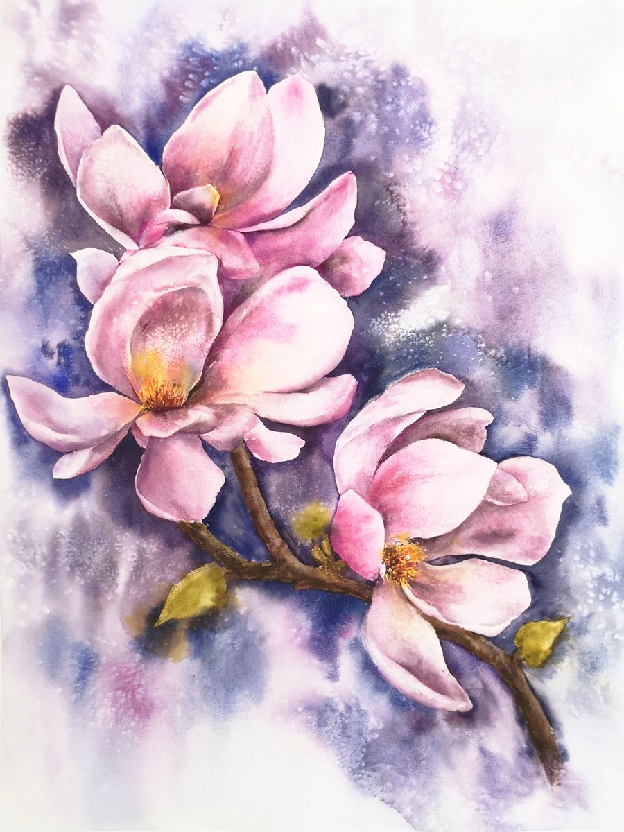 Magnolia watercolor painting by Olya Grigo