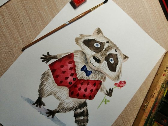 Raccoon and rose