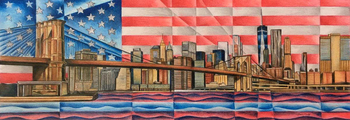 Geometric Cityscapes Pencil Drawing By Tiffany Budd, 28 X 12", Brooklyn Bridge, Original Artwork