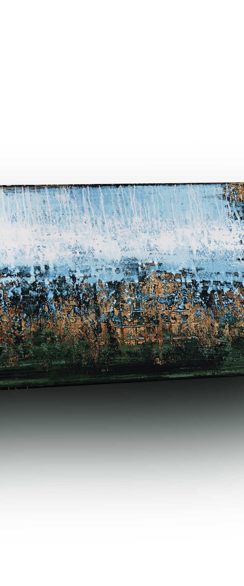 COASTLINE * 180 x 70 cms * ACRYLIC PAINTING ON CANVAS * PETROL BLUE * GREEN* COPPER by Inez Froehlich