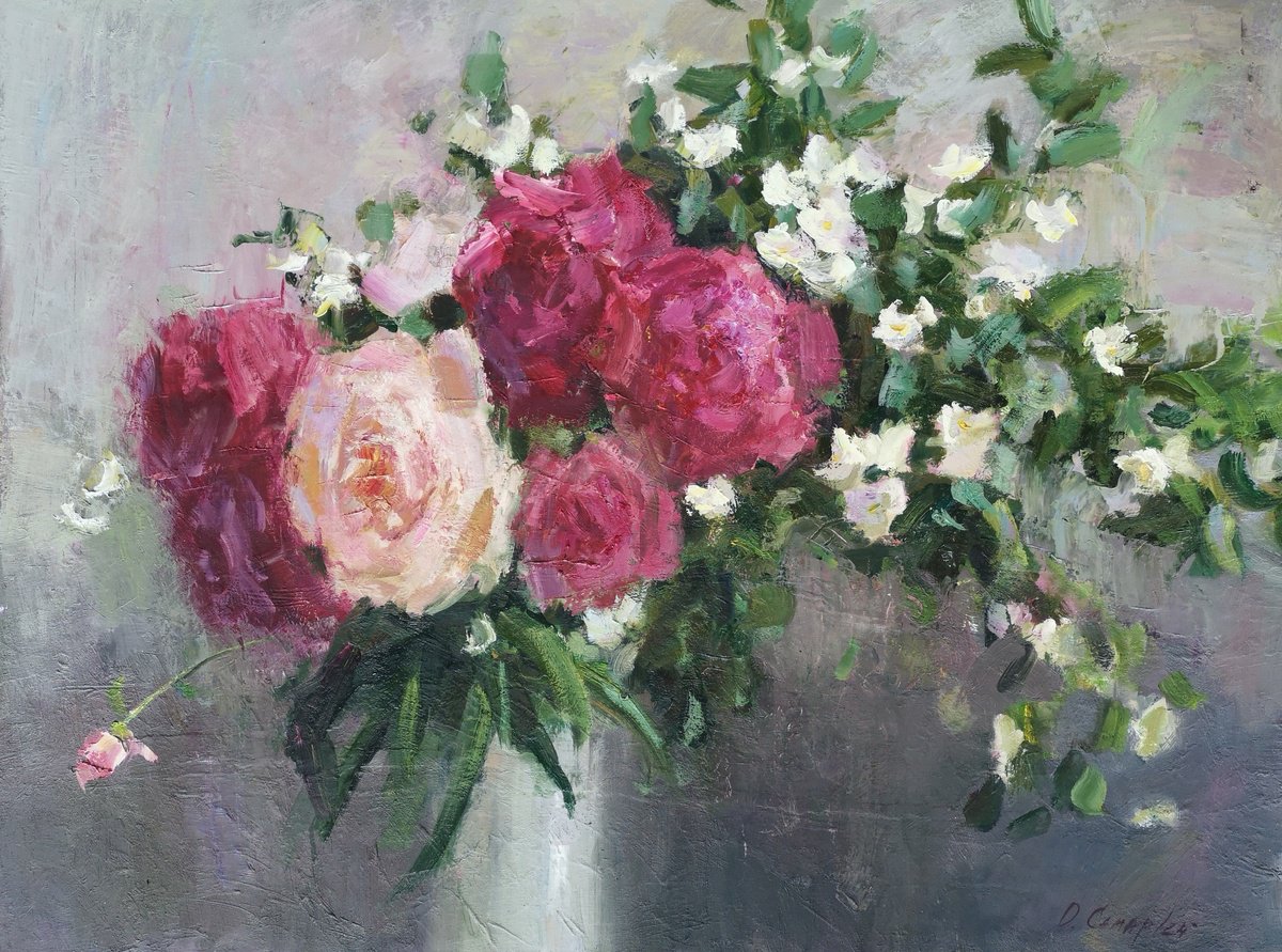 Impressionistic Botanical Oil Painting By Olga Samar, 31 X 24", Spring Rhythms, Original Artwork