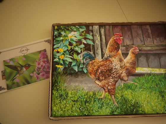 Rooster and chicken, Farmyard Scenery