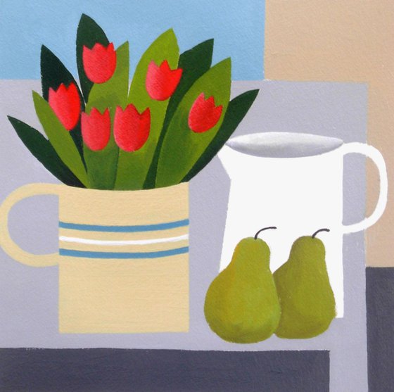 Still Life with Six Red Tulips