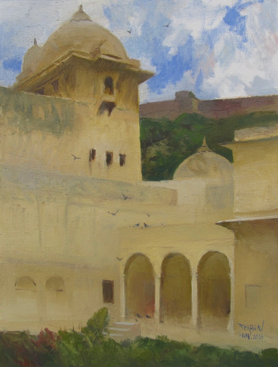 Impressionistic Cityscapes Oil Painting By Bhargavkumar Kulkarni, 12 X 15, Royal Amer Fort,Jaipur, Original Artwork