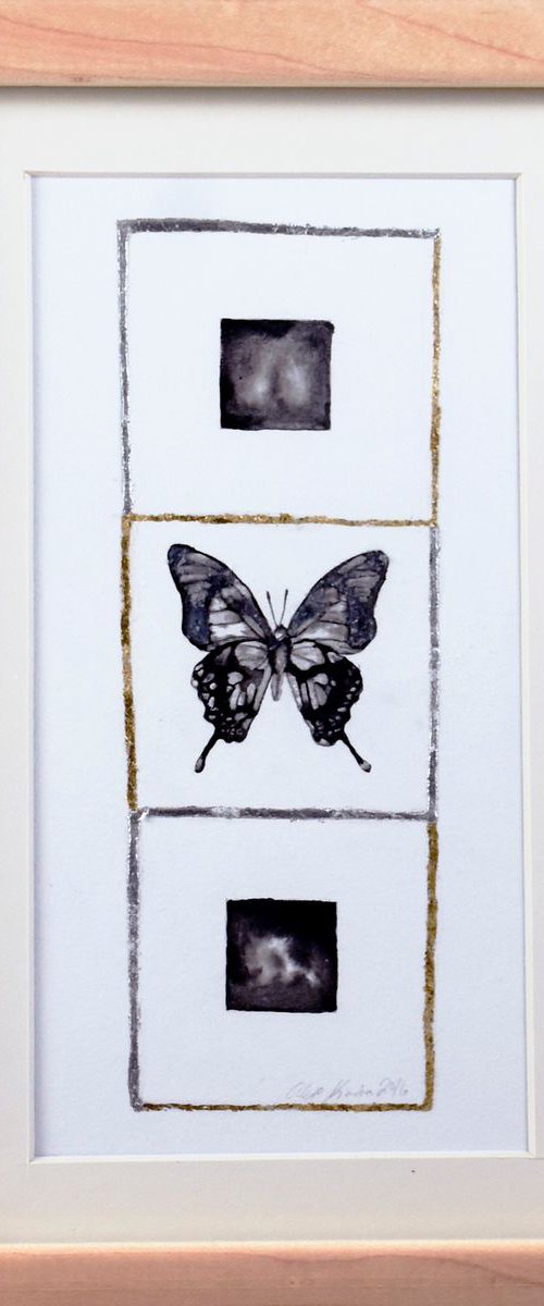 Butterfly and Landscape / Original Ink Painting with Gilding by Alexa Karabin