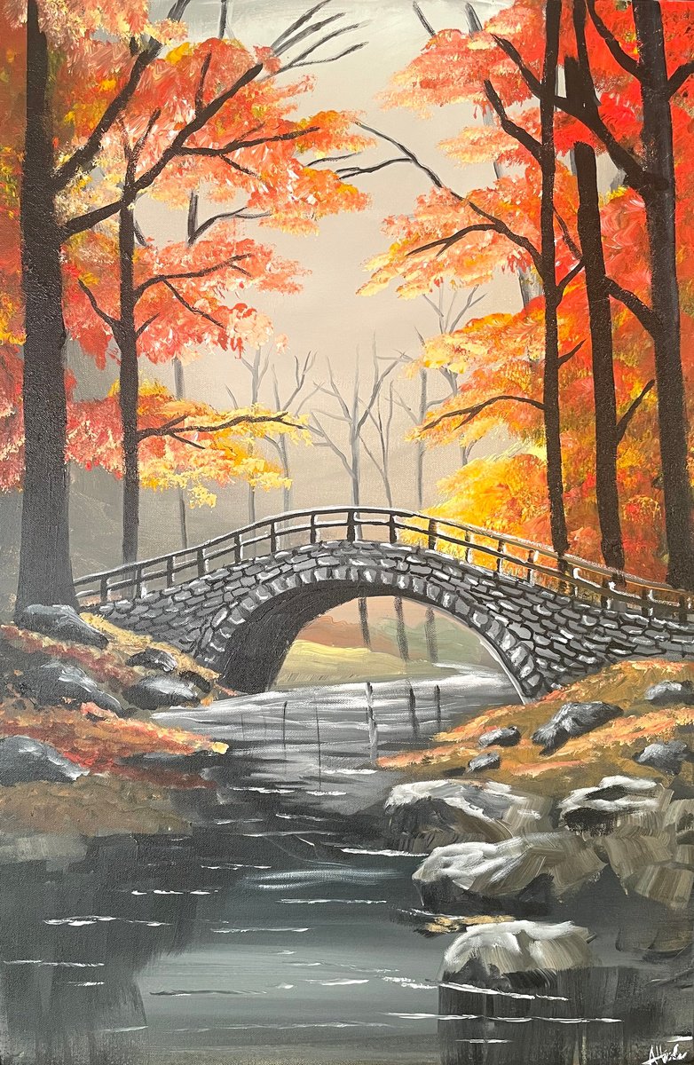 Impressionistic Landscape Acrylic Painting By Aisha Haider, 20 X 30, Beyond The Bridge, Original Artwork