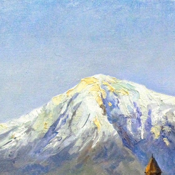Mountain Ararat and Monastery Khor Virap. Painting from nature in Armenia
