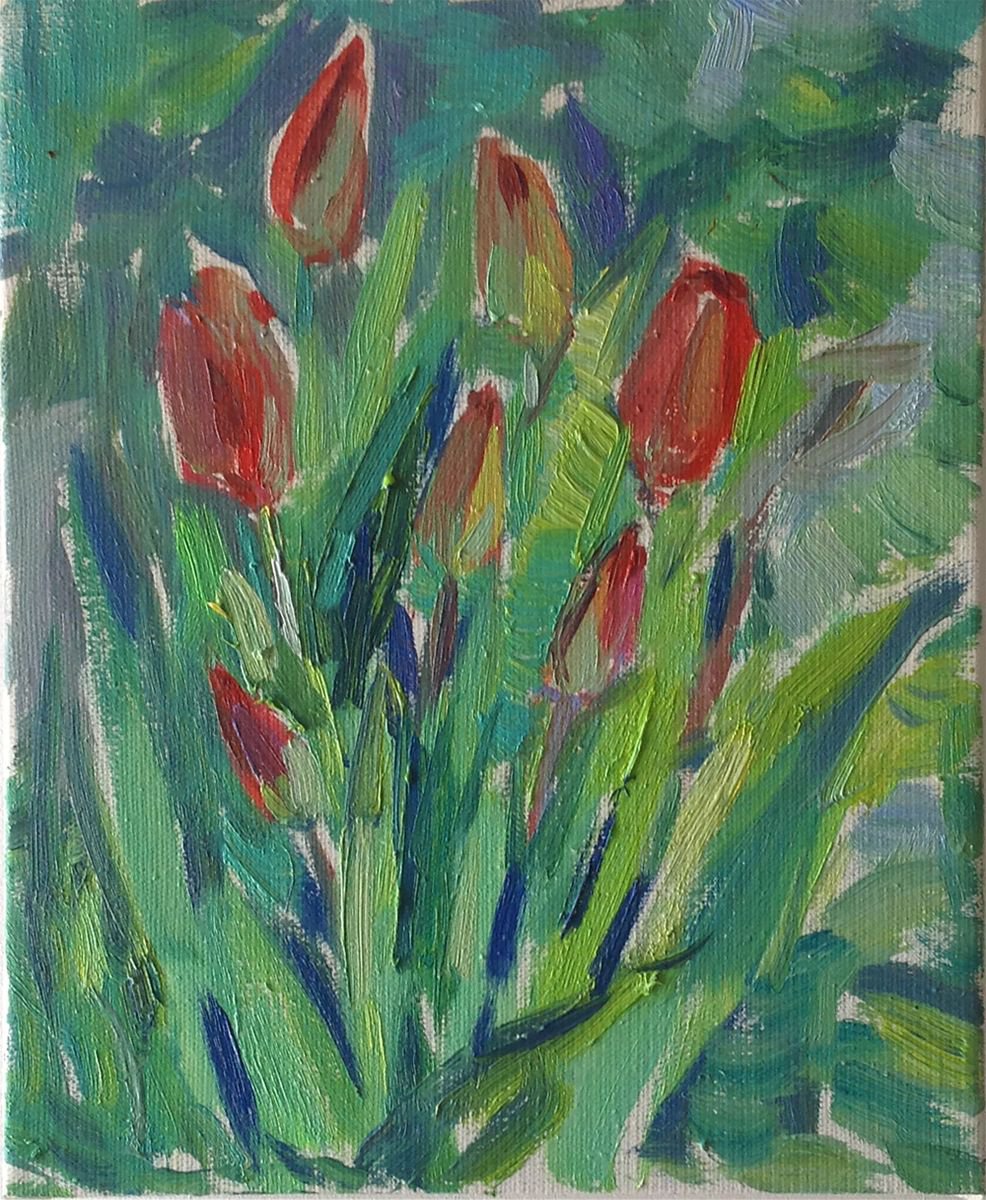 Tulips . Spring Flowers original oil painting modern bouquet by Nataliia Nosyk